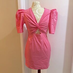 Mable Pink Twisted Front Cut Out Puff Short Sleeve Lined Midi Zip Up Dress S